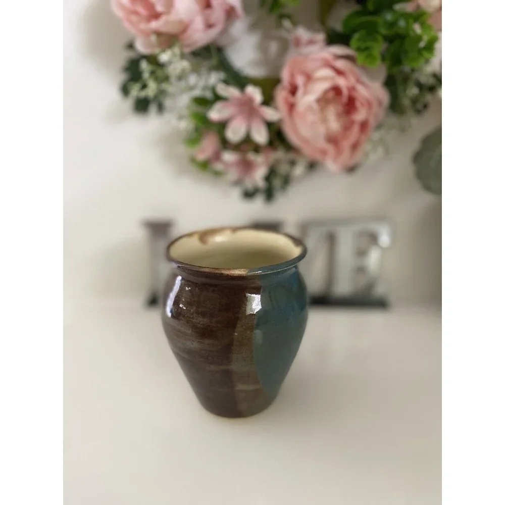 Blue and Brown Glazed Rare Signed by Artist Jen O MCM Studio Art Pottery Vase 5